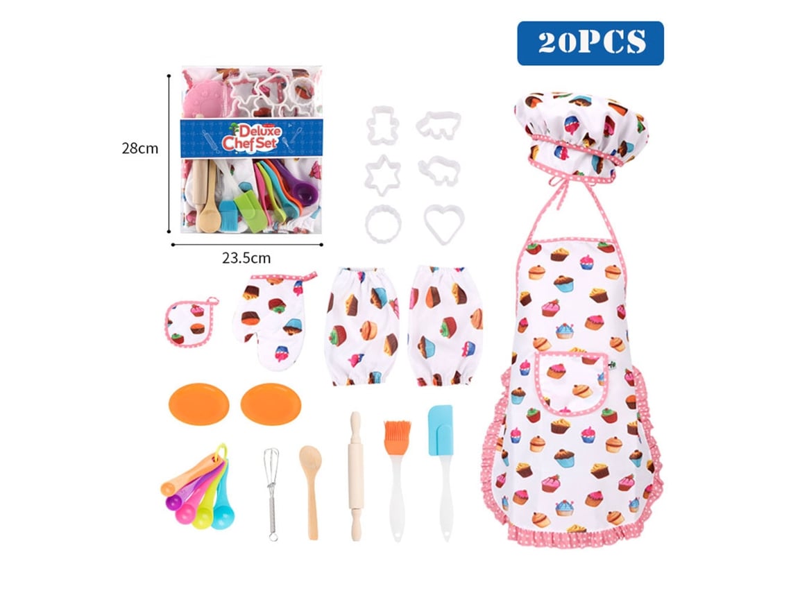 Rebe - Juego de 20 piezas de cocina y utensilios de repostería para niños con Delantal. Utensilios de cocina y repostería para niños.