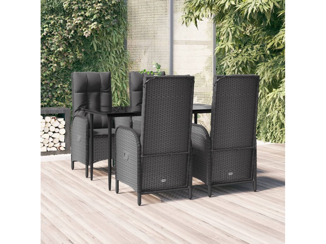 Juego de comedor de jardín de 5 piezas con cojines, mimbre sintético negro, DKD Home Decor