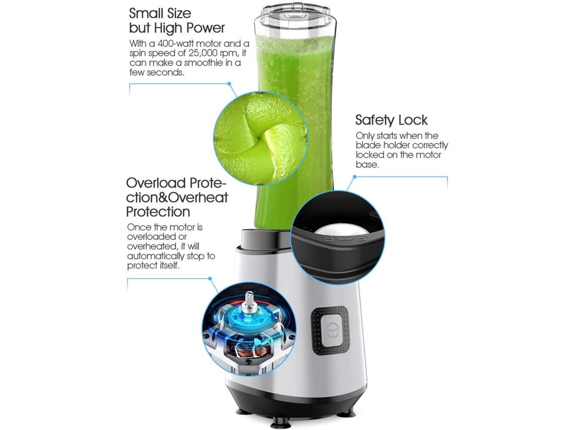 Minibatidora portátil de 400 W y 600 ml, ideal para batidos, malteadas y zumos. Apta para lavavajillas (sin marca).
