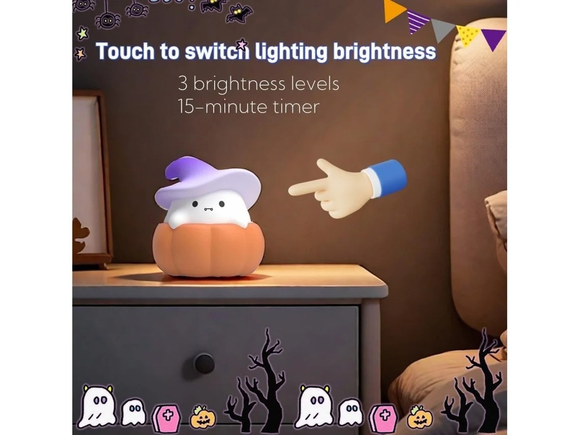 Bonita luz de noche de bruja calabaza para niños, lámpara de mago con sombrero de Halloween kawaii, luz de noche regulable para guardería, Bestvite