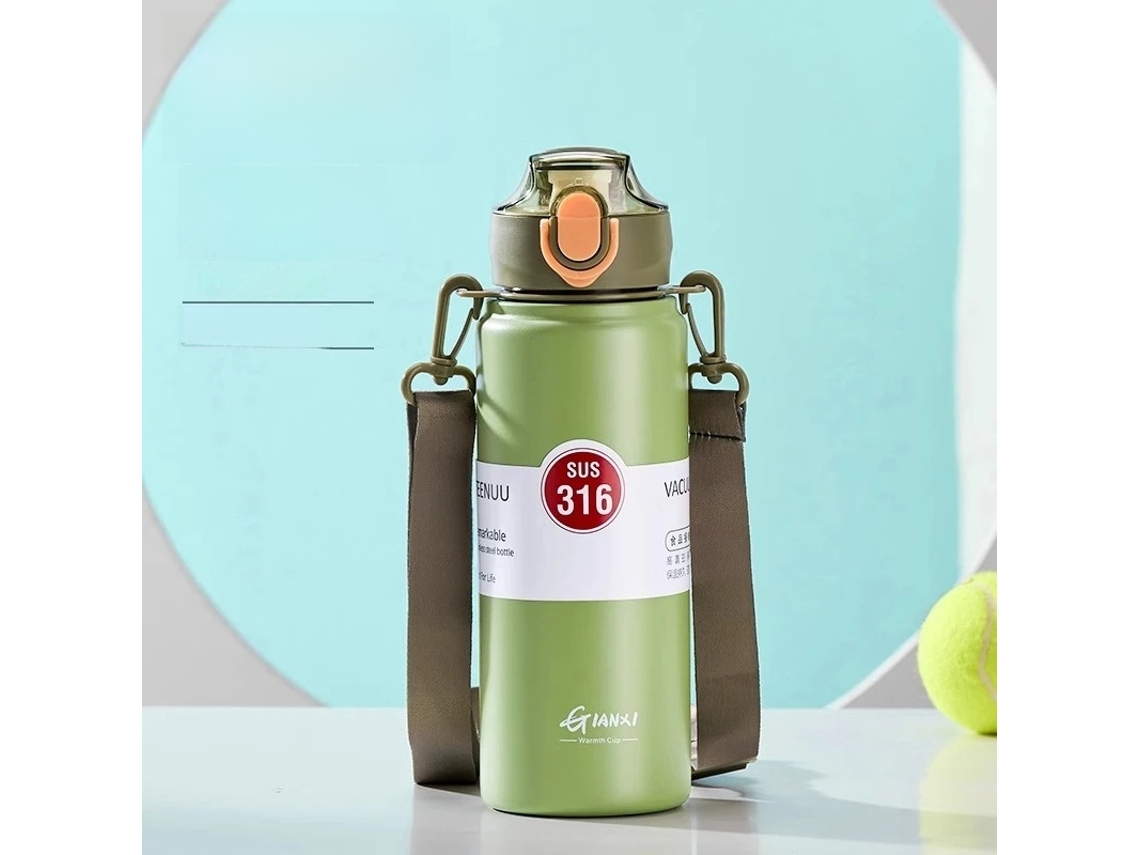 Botella térmica de acero inoxidable (verde, 800 ml) con pajita y tapa.