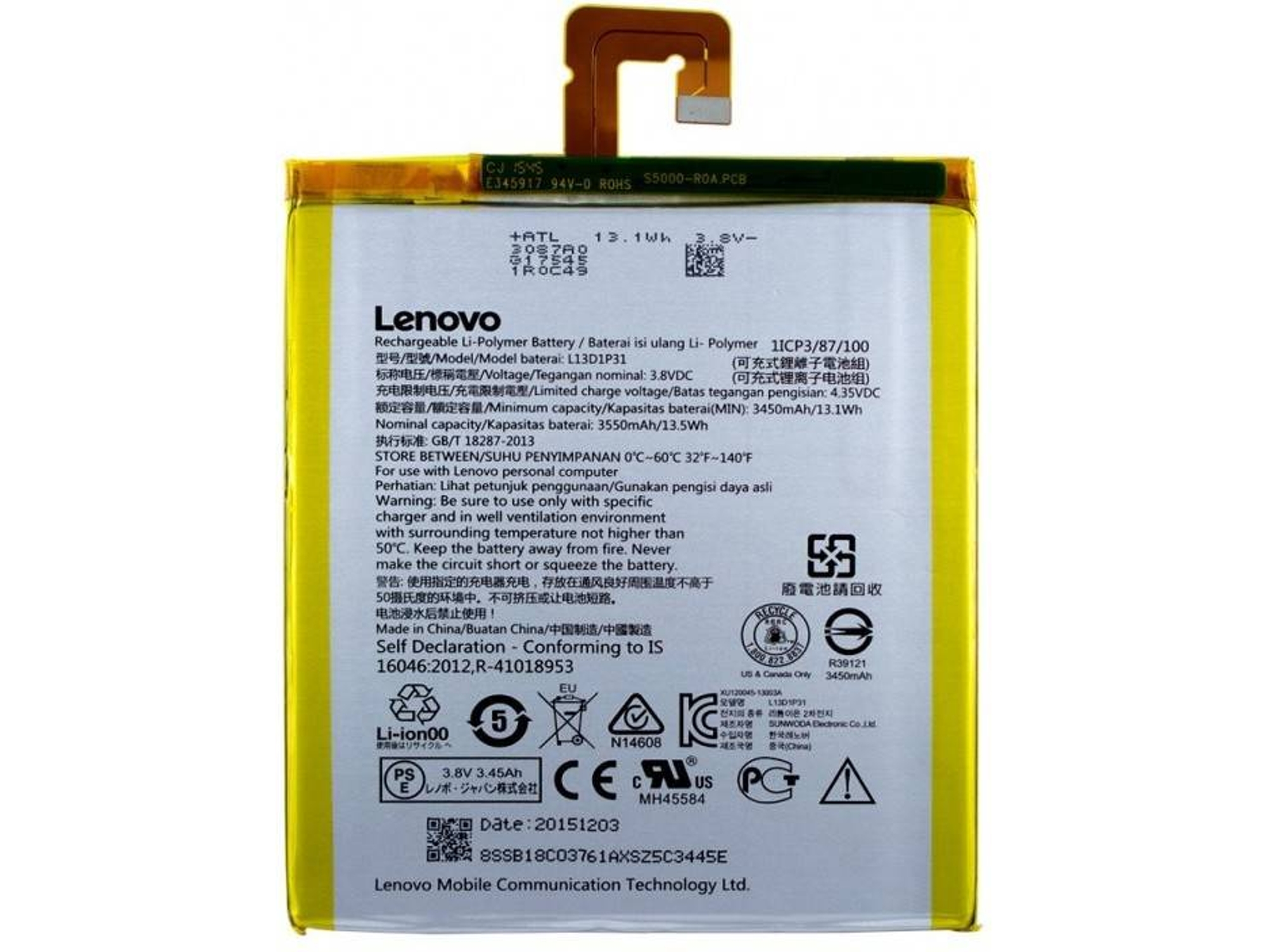 Lenovo batería de polímero de litio 3450mAh L13D1P31 IdeaPad S5000, original