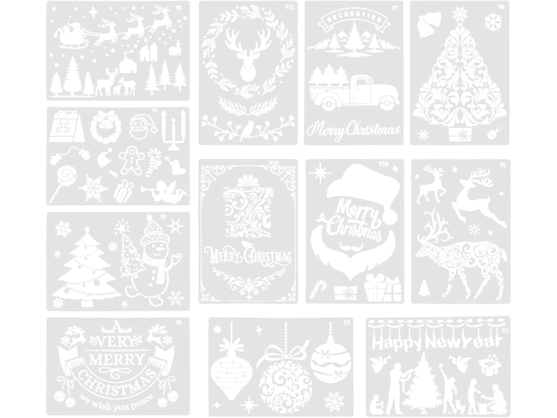 Juego de 12 plantillas navideñas para pintar, hechas de plástico blando, con diseños para la decoración de paredes.