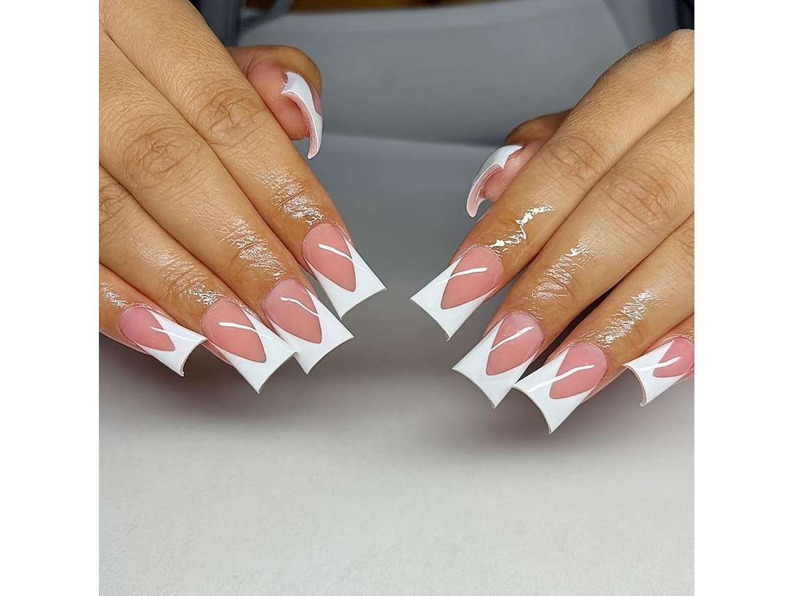 Uñas Postizas Acrílicas Con Diseño Francés Blanco, Forma De Pico De Pato, Cobertura Media, Reutilizables, Kit Completo.