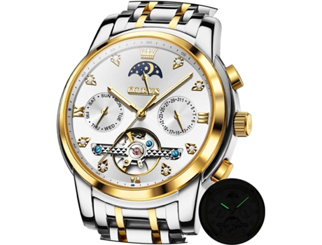 VEANXIN Reloj Automático para Hombre Tourbillon con Diamantes Fase Lunar Reloj para Hombre Luminoso de Acero Inoxidable de Dos Colores Resistente a...