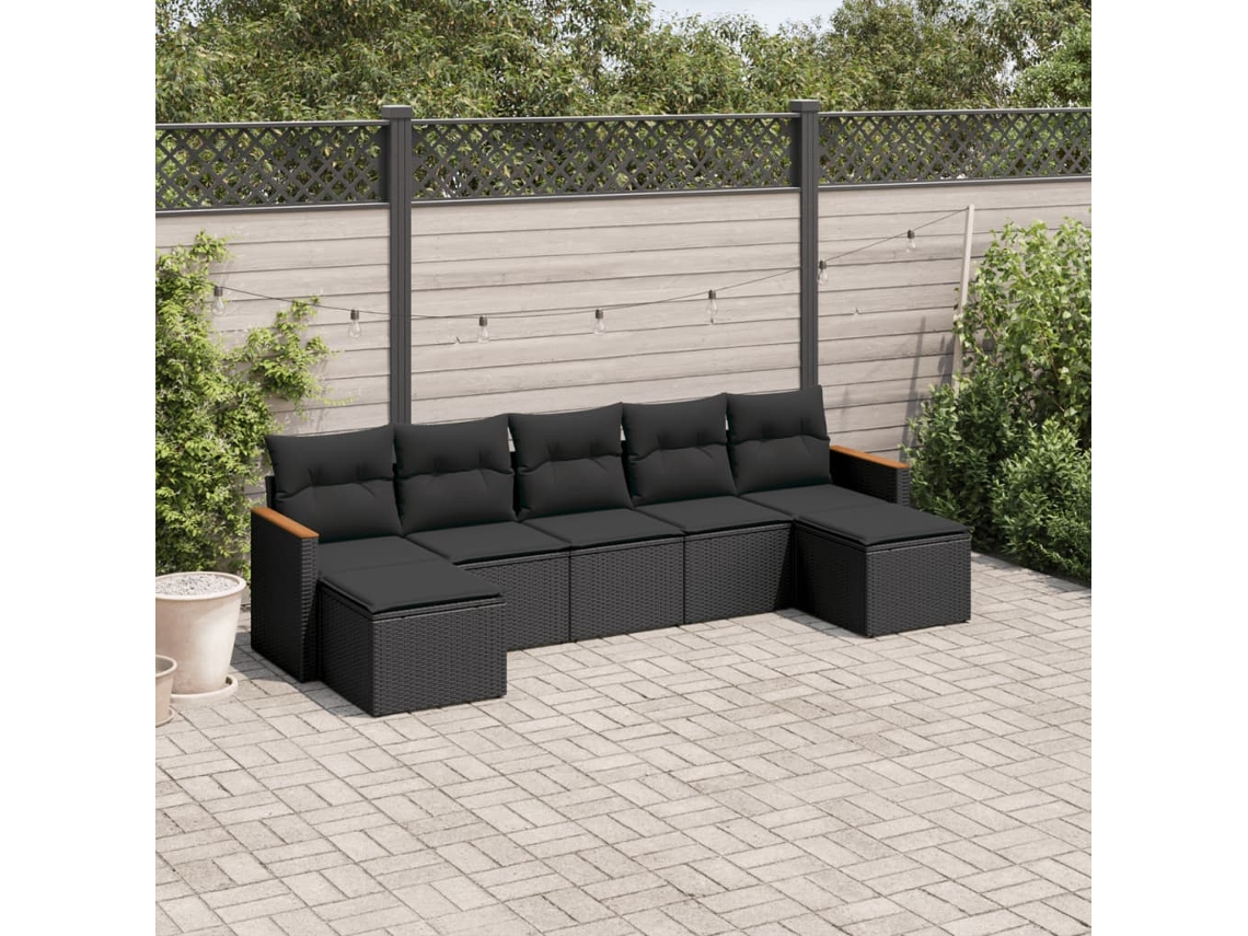Conjunto de sofá de jardín de 7 piezas con cojines, ratán negro, Dkd Home Decor
