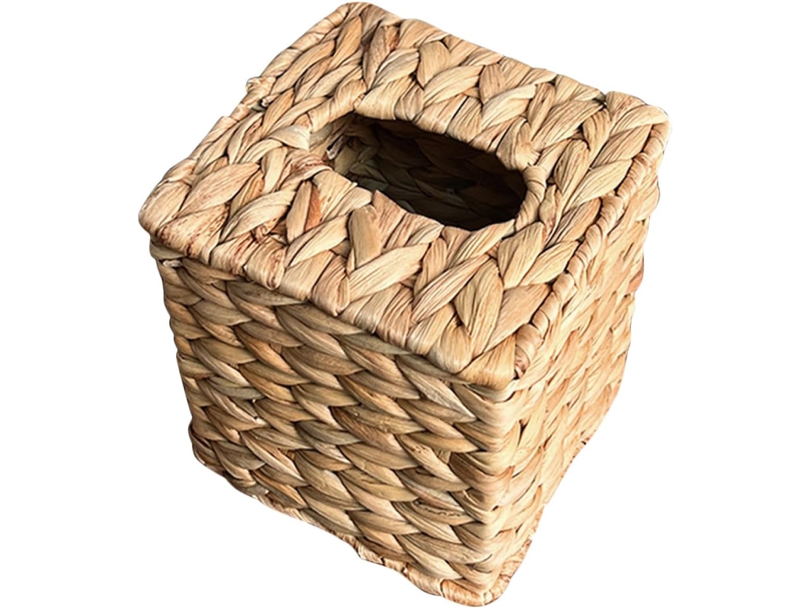 Caja Rectangular De Pañuelos De Paja Beige Tejida A Mano, Para Almacenamiento.