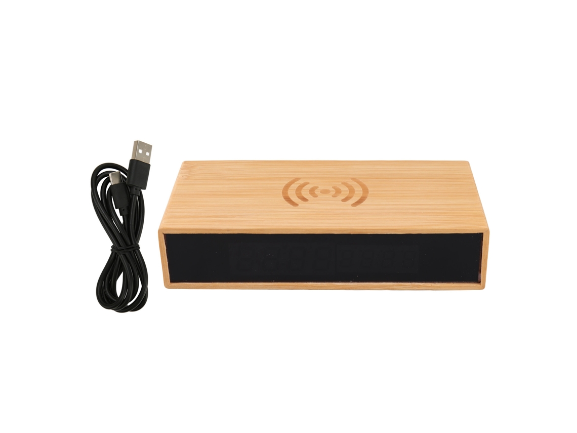 Reloj Despertador Digital De Bambú Con Carga Inalámbrica Y Funciones Led Multifuncionales.