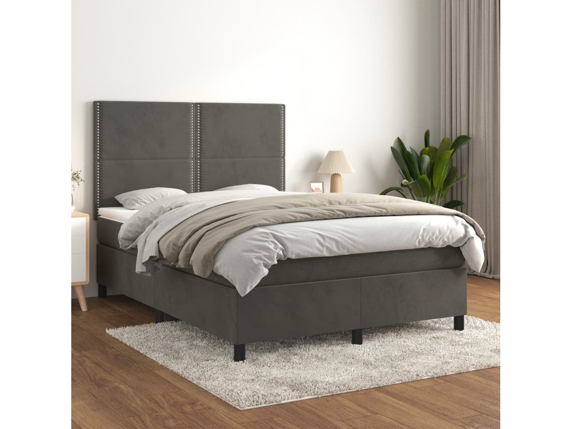 Cama Box Spring Con Colchón Terciopelo Gris Oscuro 140x200 Cm