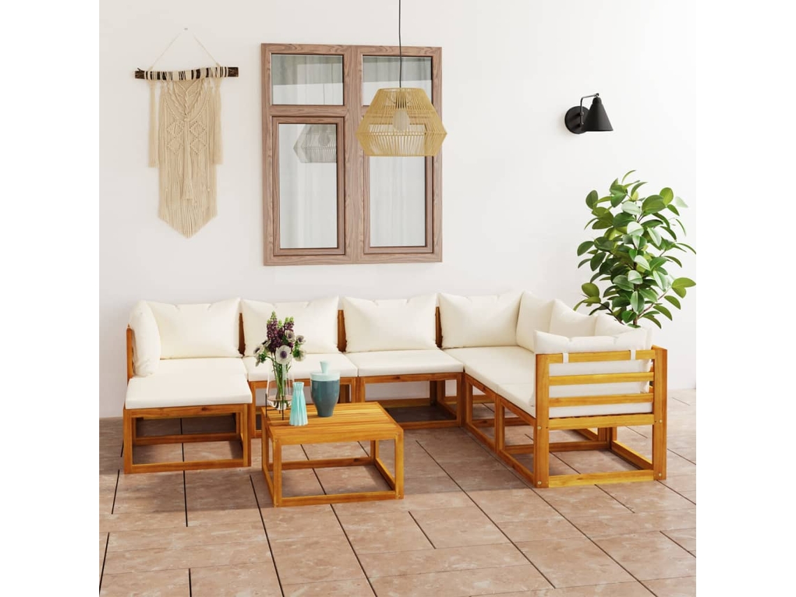 Conjunto Lounge 8 Pcs Jardim C/ Almofadões Acácia Maciça Creme Dkd Home Decor