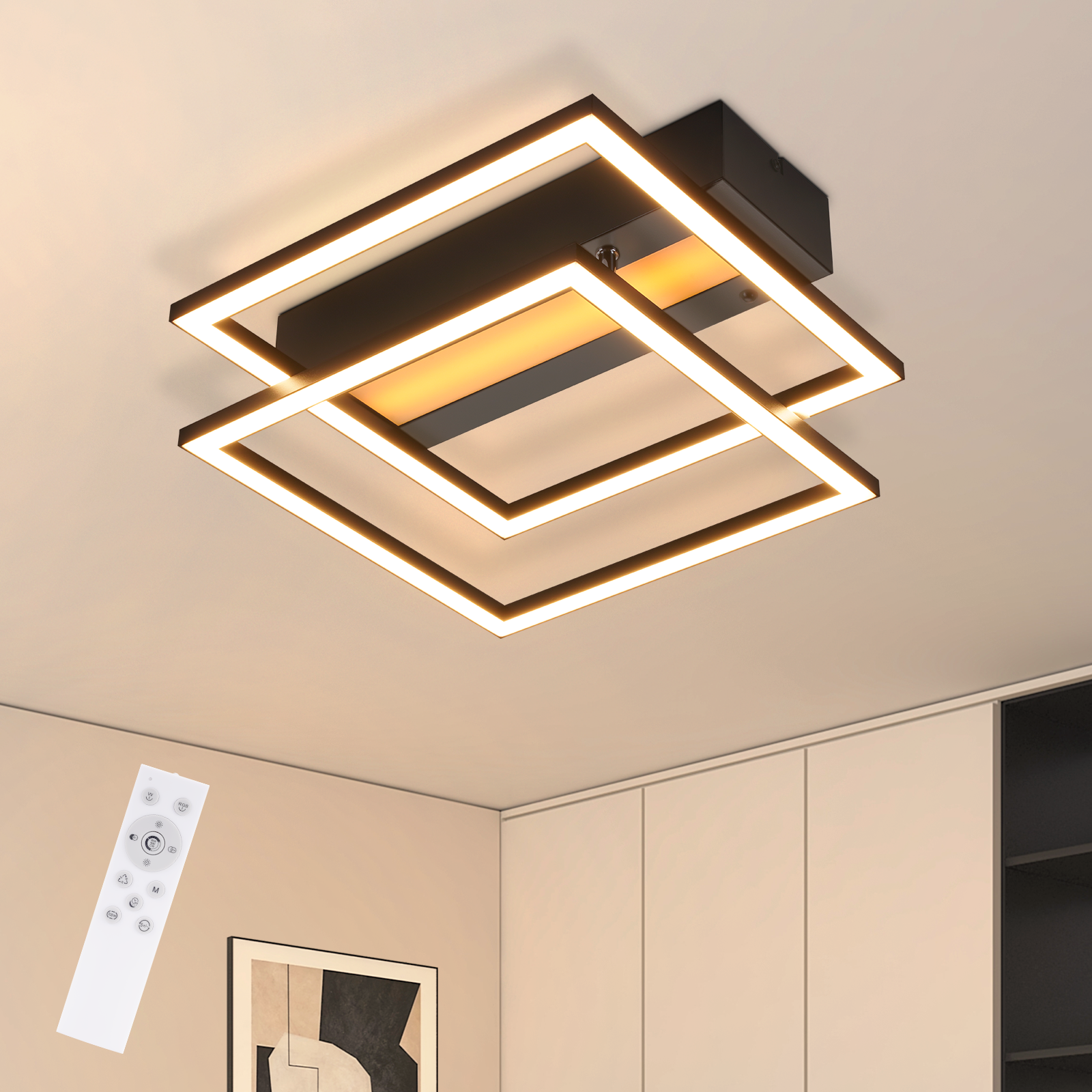 Lámpara LED cuadrada de 36 W RGB negra, ajustable, ideal para dormitorio, sala de estar, cocina, pasillo y habitación infantil.