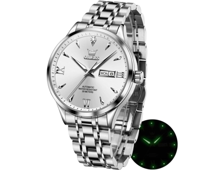 VEANXIN Reloj automático para hombre Calendario mecánico Reloj de negocios de acero inoxidable luminoso resistente al agua(blanco plateado)