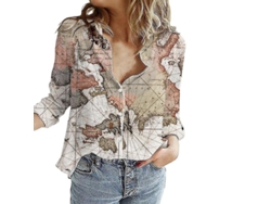 2026-camisa De Manga Larga Para Mujer Con Estampado De Mapa Mundial Cuello Solapa Casual Verano Poliéster
