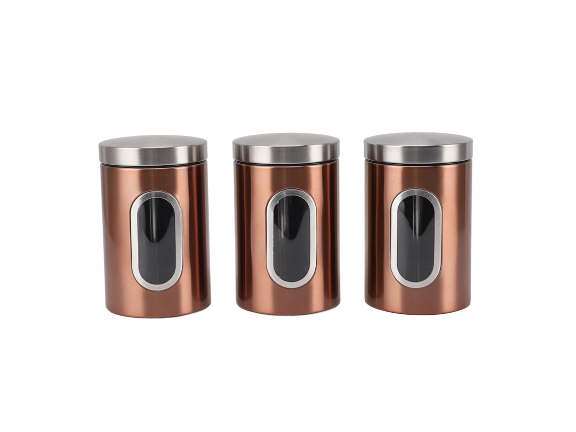 Juego de 3 tarros herméticos de acero inoxidable con ventana transparente, para café y granos mixtos, color bronce.
