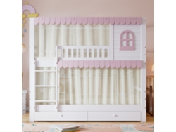 Litera infantil de 90 x 200 cm con ventanas, cortinas, rejas protectoras, estantes abiertos y cajones con ruedas (estilo Pinhomdf blanco y rosa)