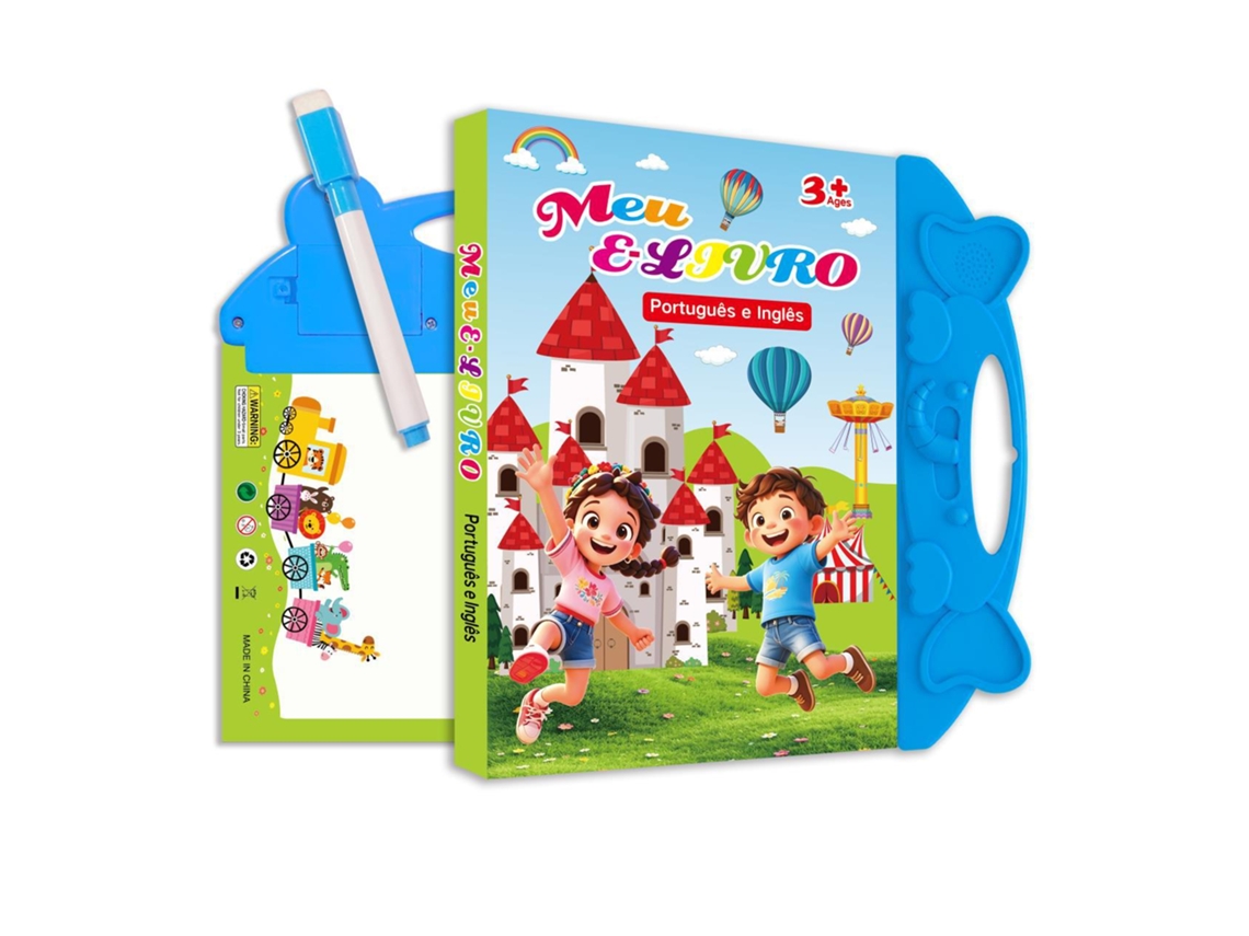 Mi libro electrónico bilingüe portugués/inglés con pizarra blanca, educativo para niños, azul.