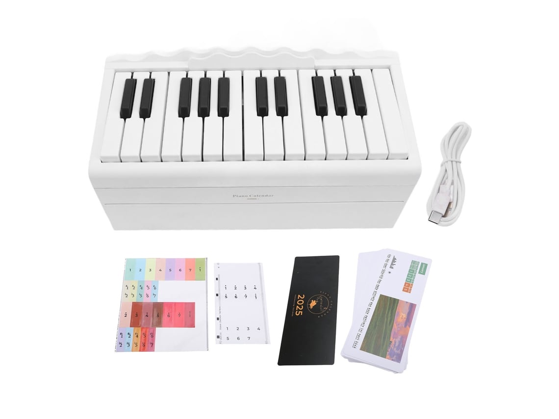 Ats-calendario De Piano Jugable 2025 Con 25 Teclas, Volumen Ajustable, Batsería Recargable 1000mah Y Mango De Manivela Blanco Para Oficina