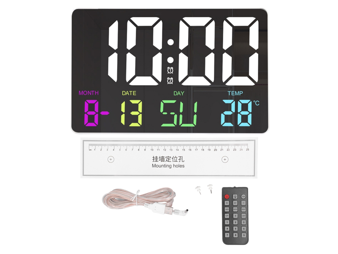 Reloj de pared digital 2026 con control remoto RGB, brillo ajustable, calendario, temperatura y alarma, LED negro grande, 5V CC.