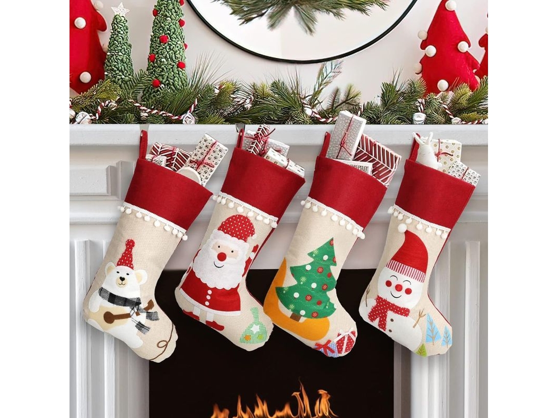 Juego De 4 Calcetines Navideños, 45 Cm De Largo Con Asas, Adornos De Papá Noel Y Muñeco De Nieve, Estilo Rústico Clásico.