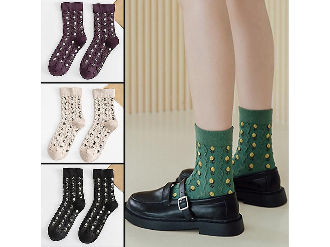 2026-6 Pares De Medias De Pierna Corta Para Mujer Con Estampado Floral De Algodón Cálido Para Otoño E Invierno