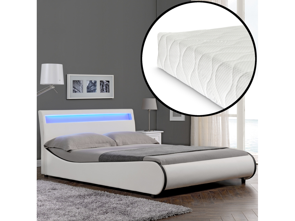Cama de matrimonio CORIUM (221 x 149 x 83 cm - Piel sintética - Blanco)