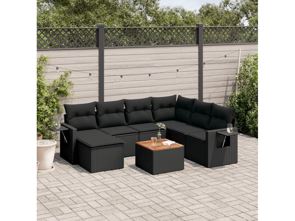 Conjunto de 8 sofás de jardín con cojines de mimbre sintético negro, Dkd Home Decor
