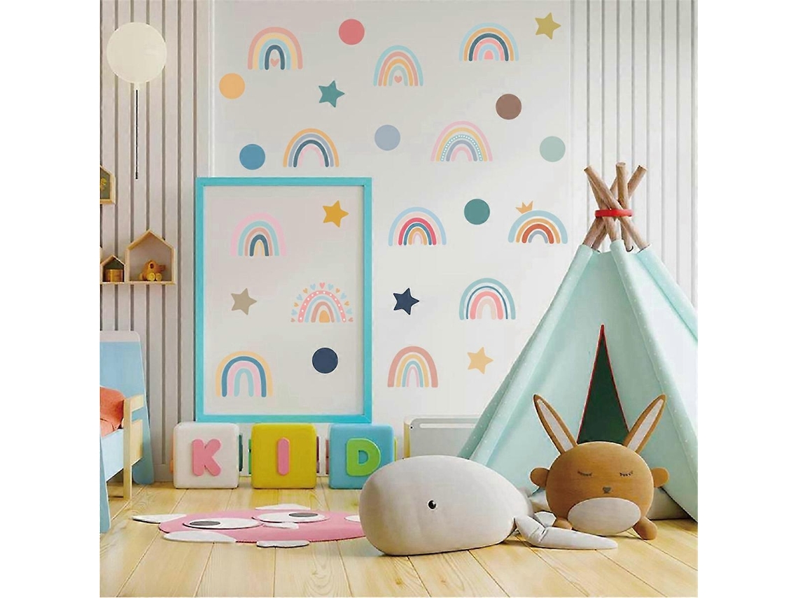 Adhesivos de pared estilo boho arcoíris, decoración de lunares y acuarela.