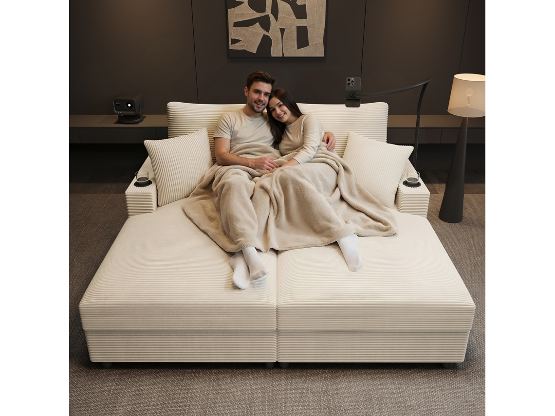 Sofá Cama Doble Color Beige Con Puerto Usb Y Portavasos.