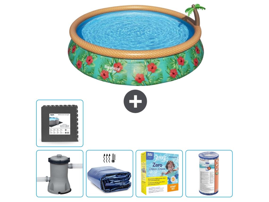 Piscina Hinchable Redonda Fast Set BESTWAY - Estampado Paraíso - 457 x 84 cm - Bomba Incluida Accesorios CB18