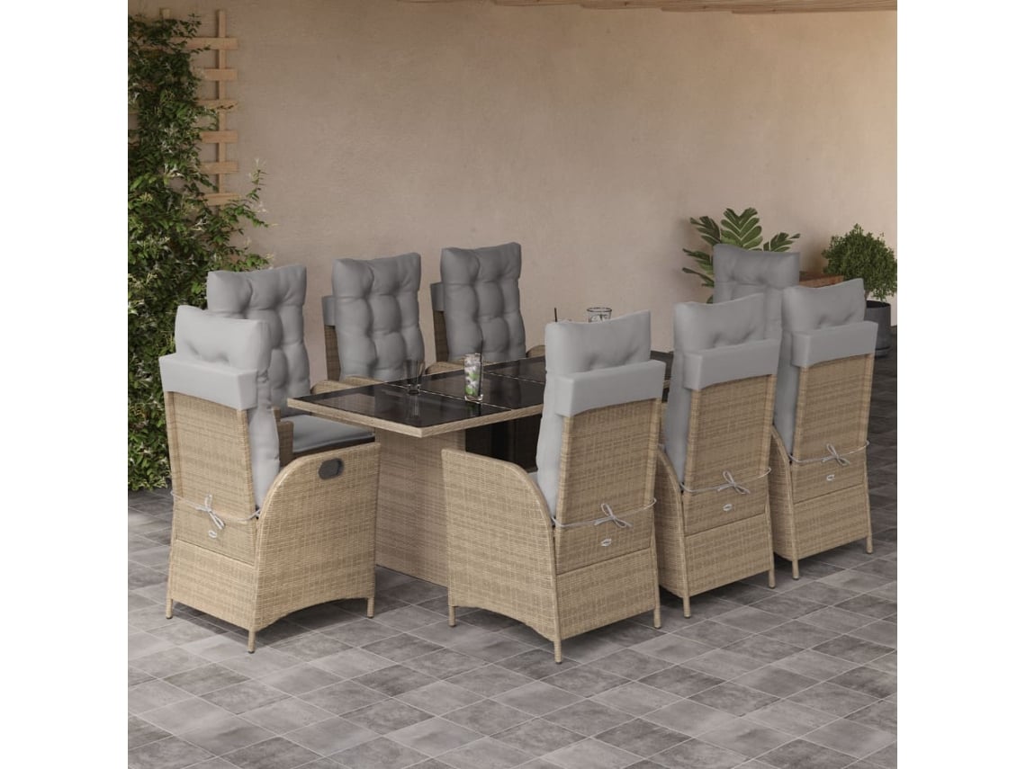 Juego de comedor de jardín de 9 piezas con cojines, mimbre beige mixto, DKD Home Decor