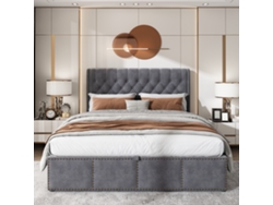 Cama Tapizada 140 X 190 - Cama Hidráulica Con Almacenamiento Y Tejido Aterciopelado - Gris