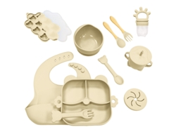 Set de alimentación complementaria para bebés CHRUI, 6+ meses, plato, tazón, taza y cubiertos de silicona, 11 piezas (beige)