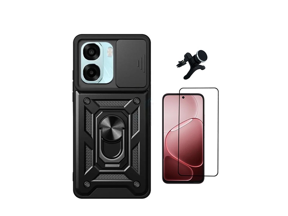 Kit De Película De Cristal Templado De Funda Completa 5d Funda Deslizante De Defensor Militar Magnético Soporte Magnético Reforzado Para Automóvil Phonecare Para Oppo A6 - Negro