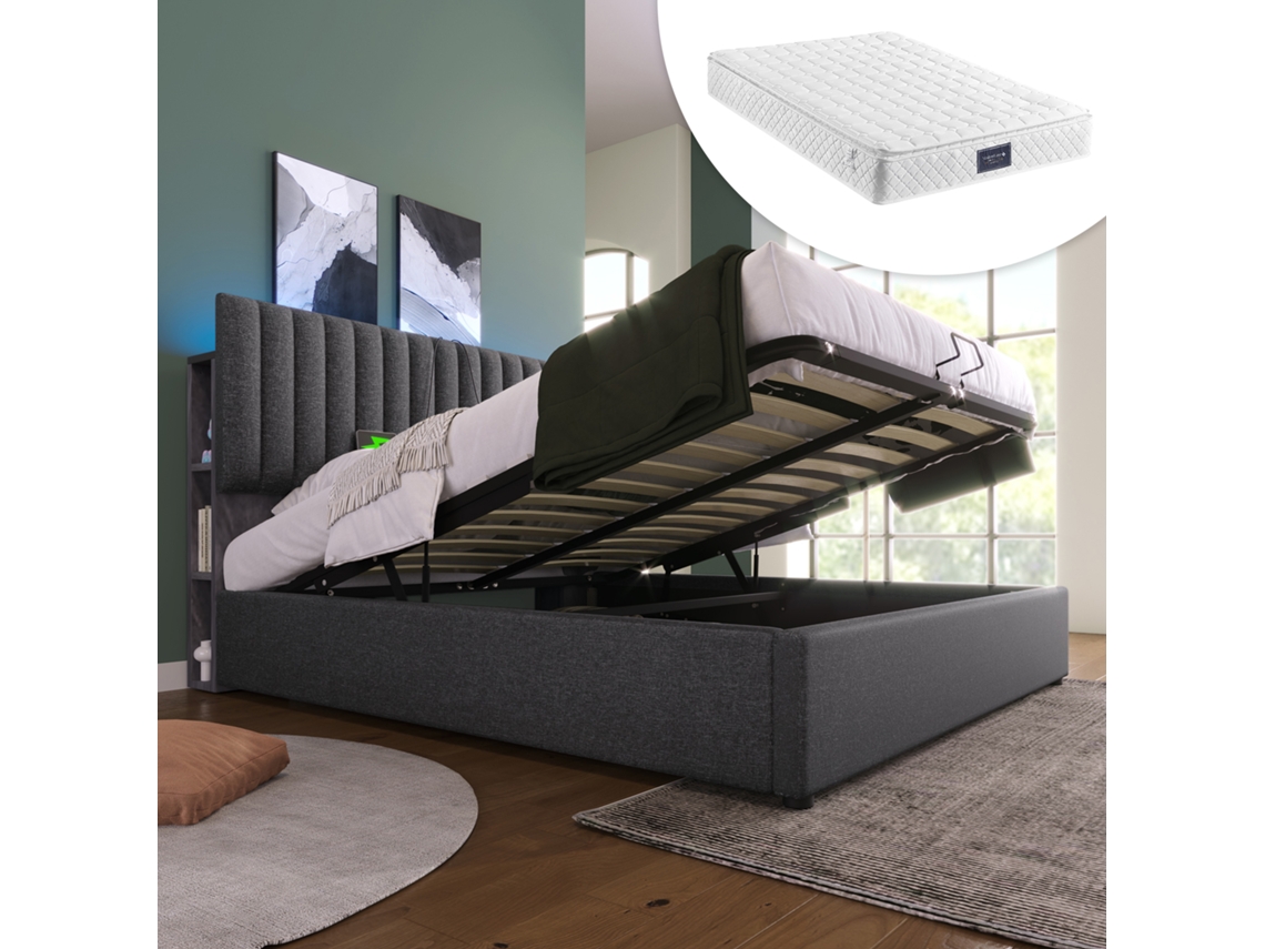 Cama 140x200 Cm Con Control Por App, Usb-c, Cabecero Ajustable, Almacenamiento Hidráulico, Gris, Con Colchón.