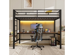 Cama Alta 90x200 Cm, Barandilla, Escalera, Mesa, Usb, Enchufe, Led App, Norma En747, Negro