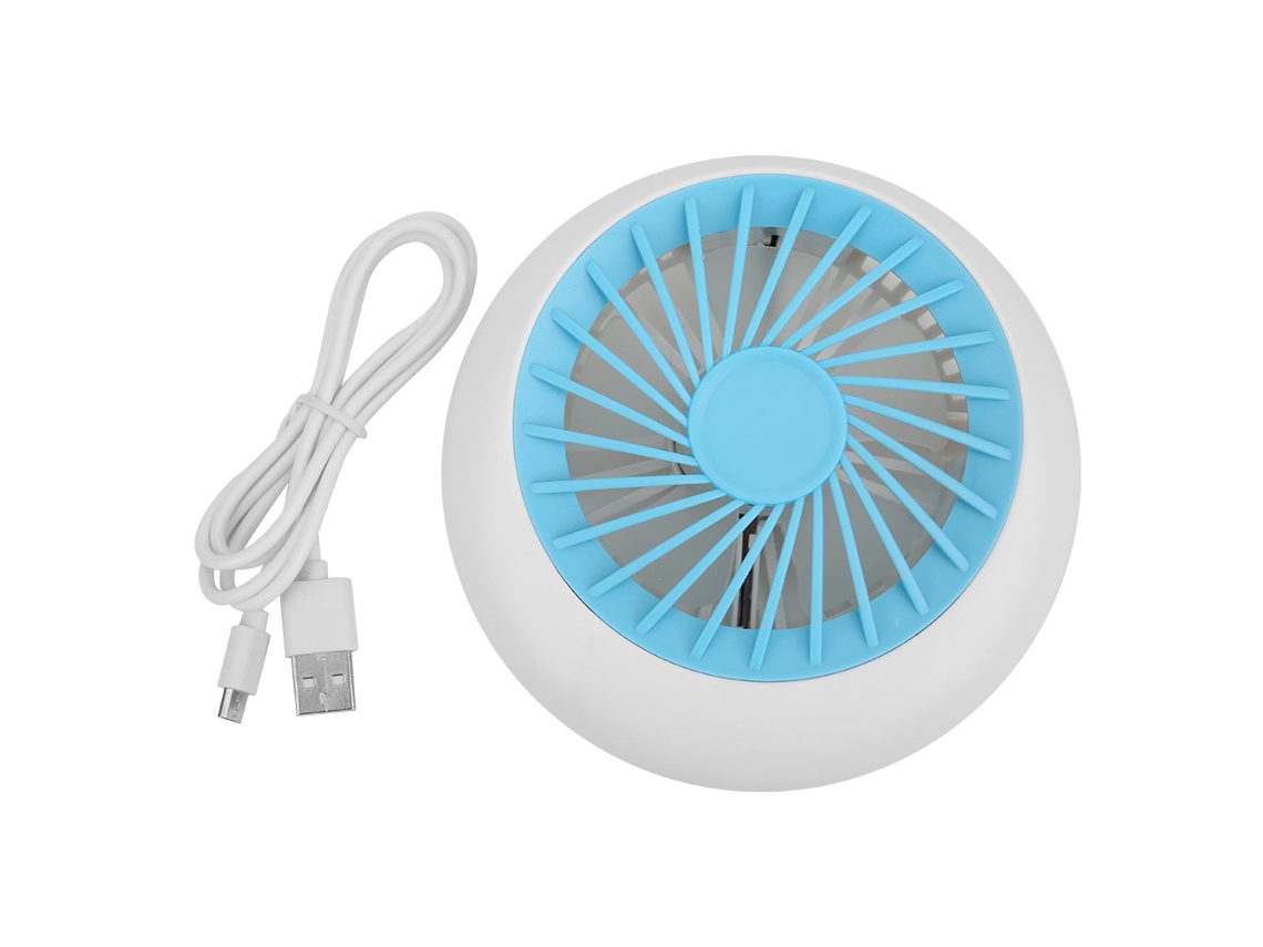 Ventilador portátil recargable por USB para uso en interiores y exteriores.