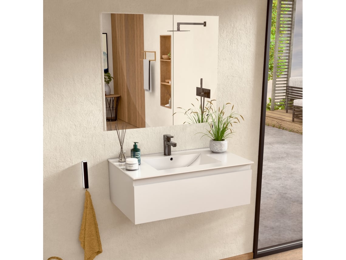 Mueble de baño suspendido con lavabo de cerámica y espejo, mueble con 1 cajón, 100 x 27 x 45 cm, Bellobath White Cabinet