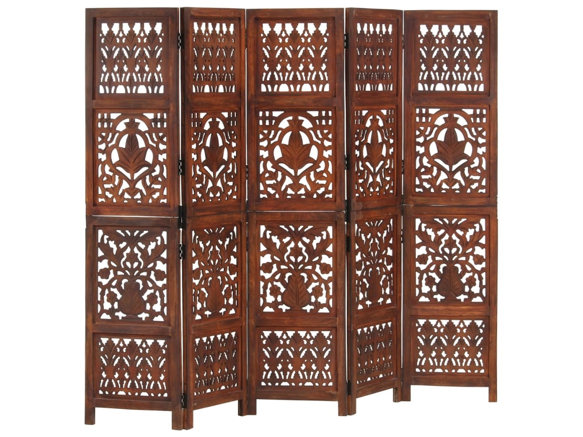 Biombo 5 Paneles Tallado A Mano Madera Mango Marrón 200x165 Cm