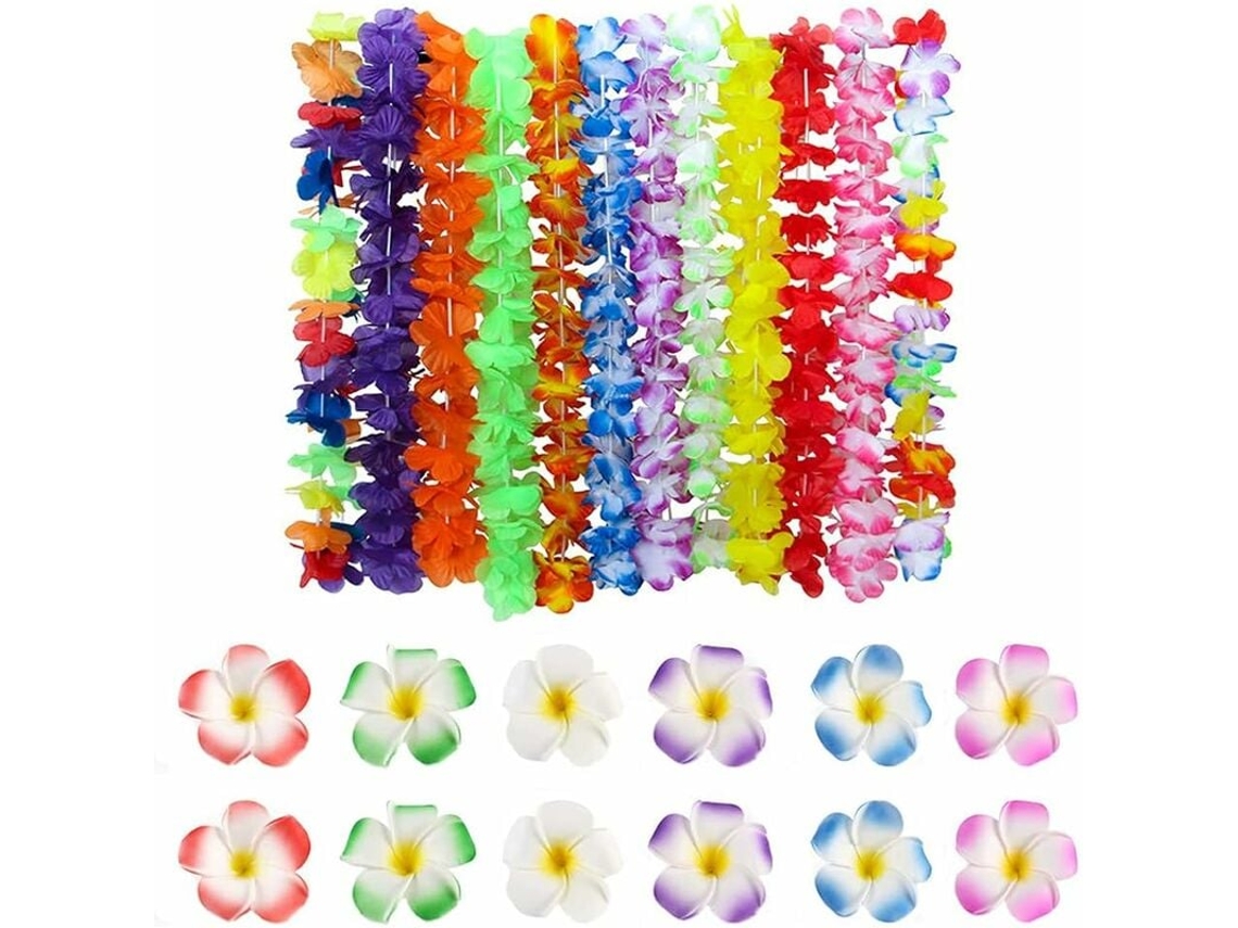 24 collares tropicales hawaianos, juego de 12 collares de flores y 12 pinzas de plumeria, para fiestas de playa, verano y temáticas.