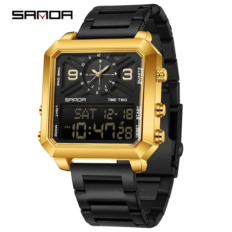 Reloj De Pulsera Electrónico Deportivo Cuadrado De Doble Pantalla Para Hombre (negro Y Dorado), De Acero Inoxidable Y Resistente Al Agua.