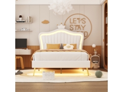 Cama De 90x200 Cm, Diseño Corona, En Poliuretano, Con Iluminación Led De 16 Colores Y Mando A Distancia, Cabecera Ajustable, Color Blanco