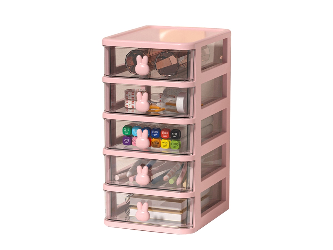 Caja De Almacenamiento Para Escritorio Con Cajones Pequeños Transparente De Plástico 5 Niveles Con Mango Conejo Rosa 13.4x17x26cm