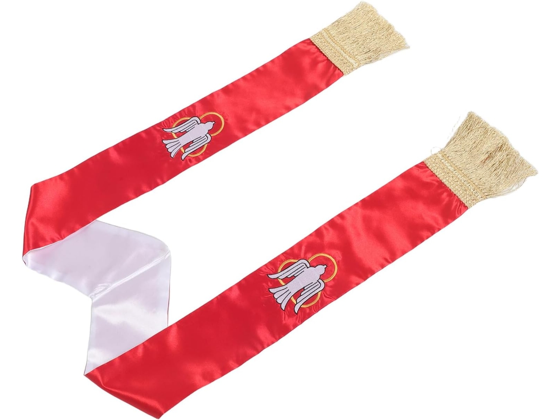 Estola pastoral reversível com borlas, 86 cm, em Cetim Roxo e Verde com cruz bordada.
