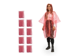Relaxdays Set De 10 Chubasqueros, Capa Lluvia Capucha, Poncho Impermeable Desechable, Hombre Y Mujer, Pe, Rojo