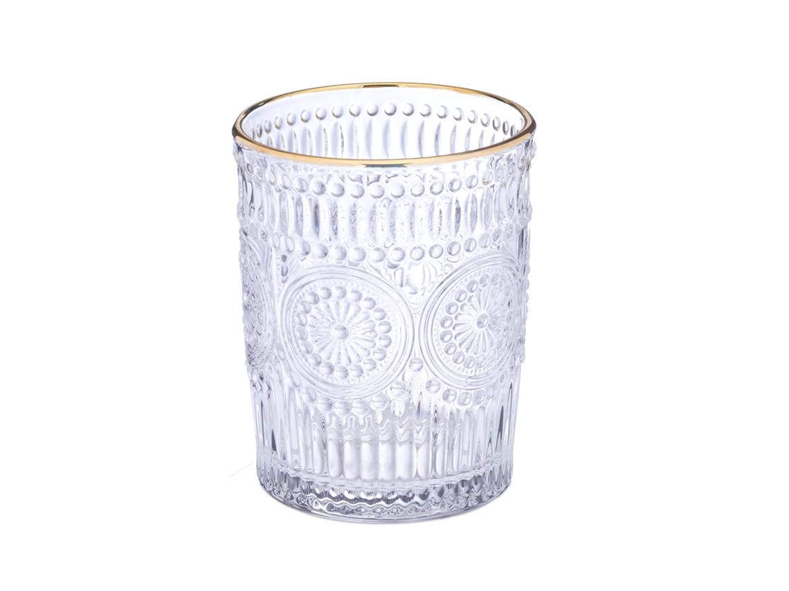 Relaxdays Vasos Vintage, Set 4, Volumen 300ml, Cristalería Retro Con Marco Dorado, Agua, Zumo Y Bebidas, Transparente
