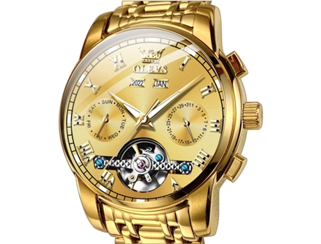 VEANXIN Reloj Tourbillon mecánico automático de acero inoxidable resistente al agua y luminoso para hombre(oro)