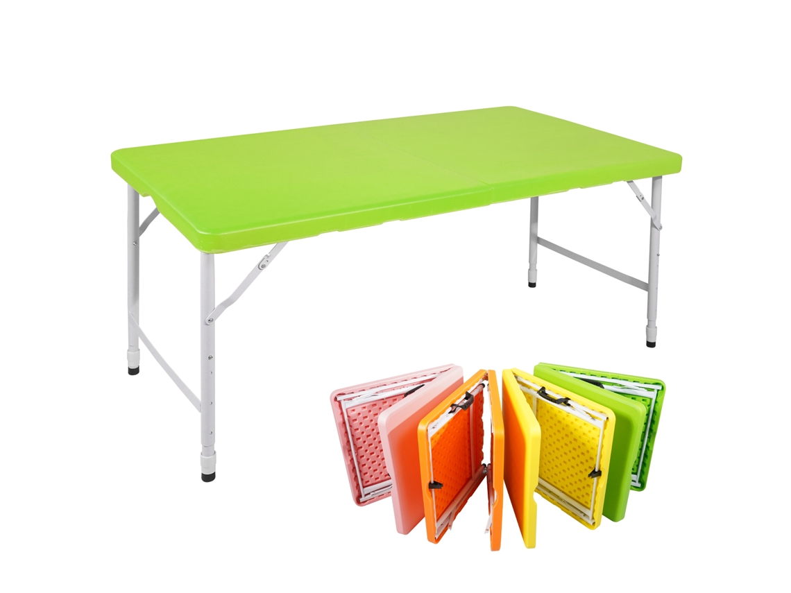 Mesa doble portátil y resistente de 125 cm con altura regulable, multifuncional, ideal para camping, picnics y fiestas en diversos ambientes.