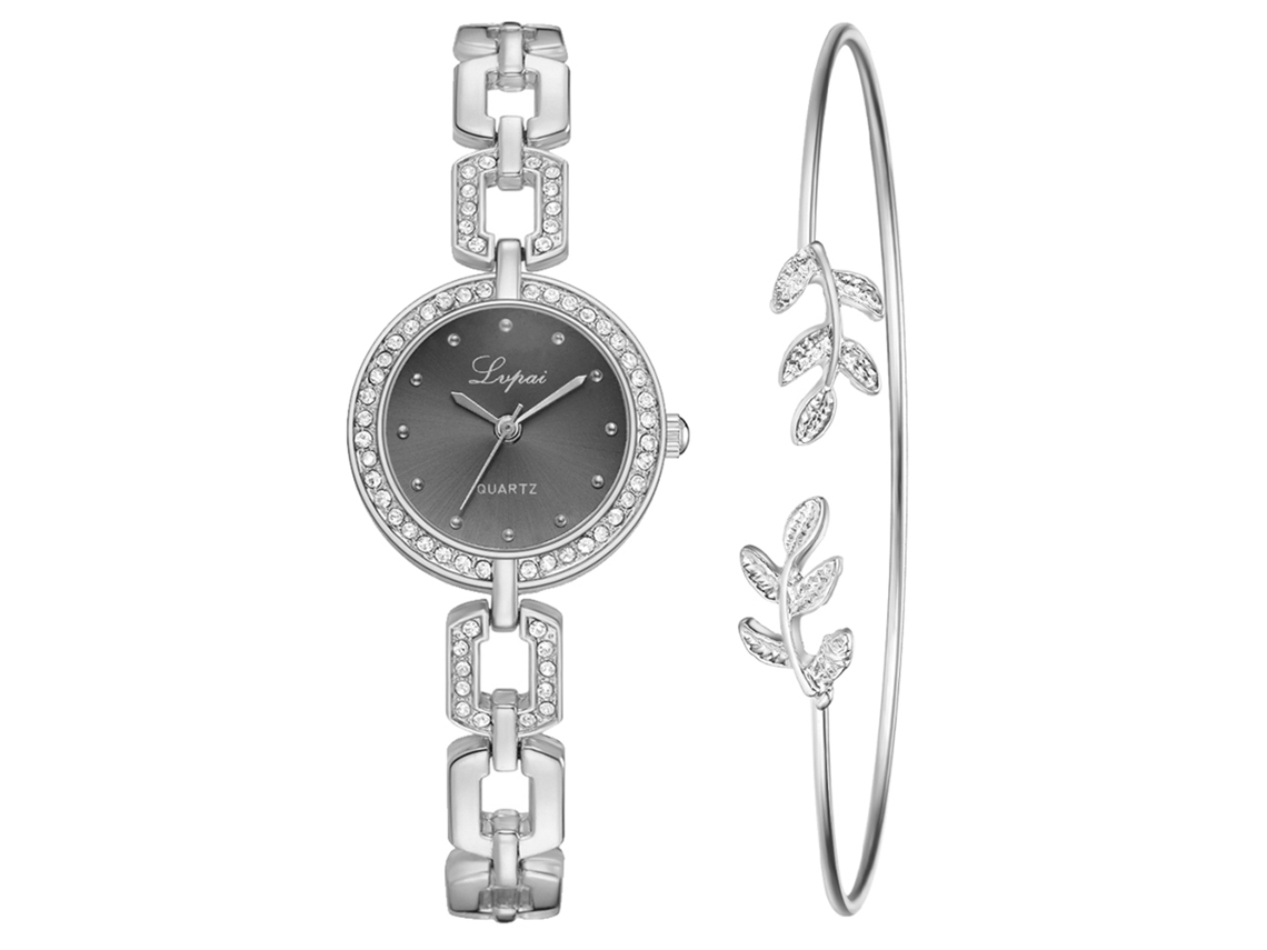 Conjunto De Reloj De Pulsera Casual Para Mujer Lvpai Con Brazalete De Aleación, Cuarzo, Plata, Negro.