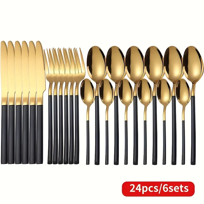 Vajilla De Acero Inoxidable (dorada Y Negra) Apta Para 6 Personas, Vajilla Nueva Para La Cocina.