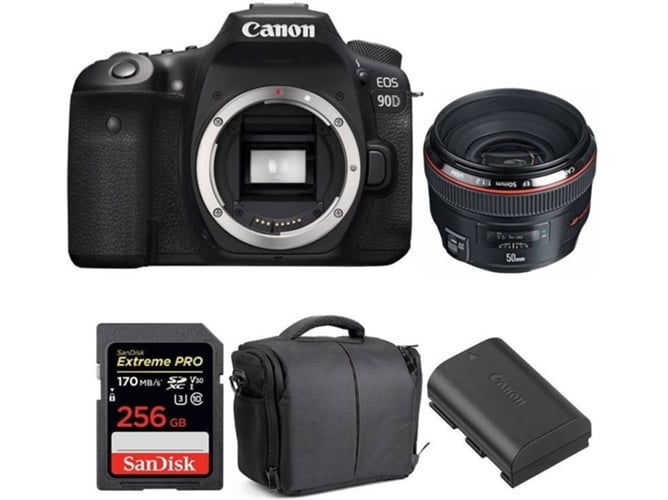 Kit Cámara Reflex CANON EOS 90D + EF 50mm f/1.2L USM + SanDisk 256 GB + Batería + Bolsa (APS-C)